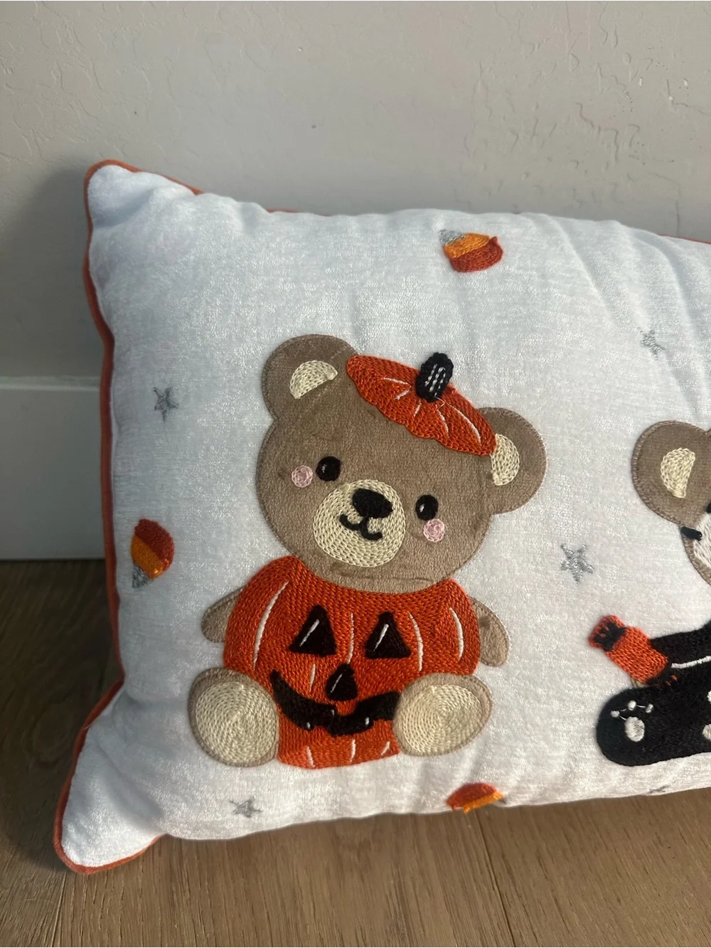 Spooky Chateau Halloween Teddy Bear Lumbar Pillow – Pumpkin Skeleton Witch Bears